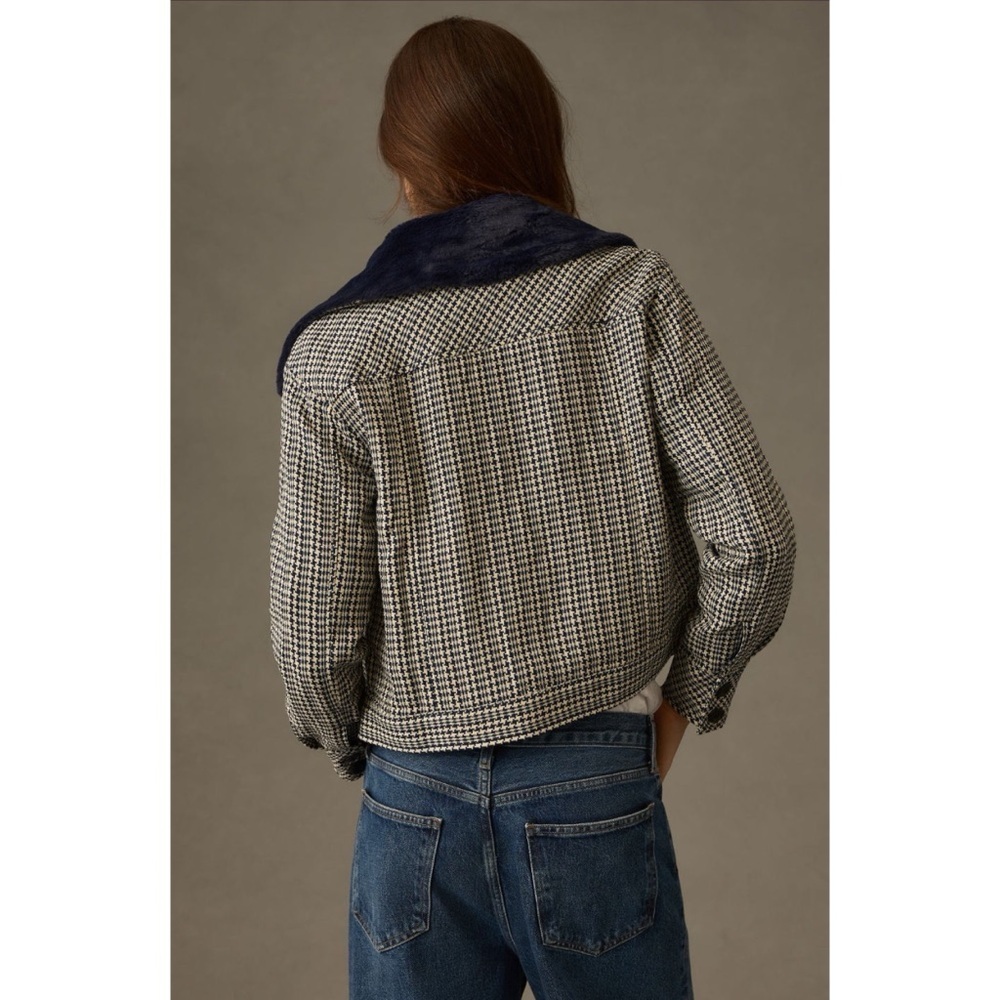 EUC Anthropologie Maeve Tweed Blue Faux Fur-Collar Herringbone Jacket Large - Picture 9 of 10
